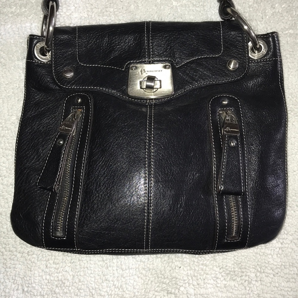 B Makowsky Black Pebbled Leather Handbag - Picture 2 of 14
